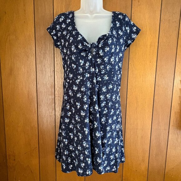 Aeropostale Dress Womens L Navy Floral Knot Keyhole‎ Detail Mid Thigh Beach - Picture 1 of 15